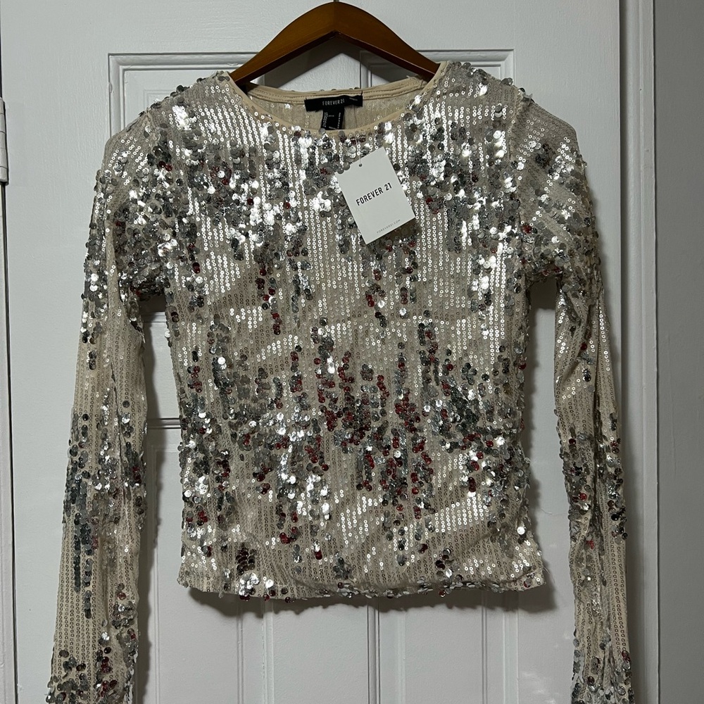 Forever 21 Silver and White Sequin Fitted Long Sleeve Top
